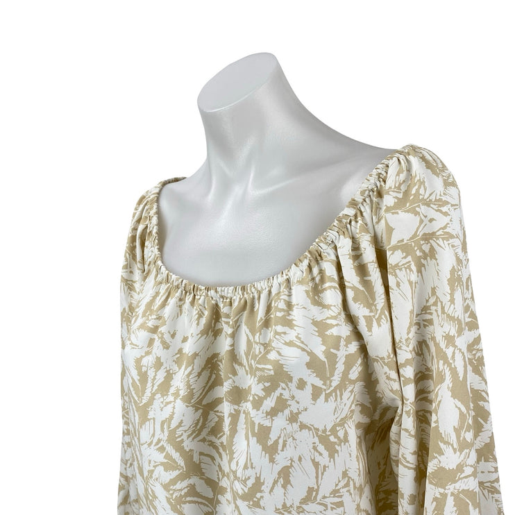 Vince Camuto Beige White Leaf Long Sleeve Scoop Neck Shirt Blouse Top Size L