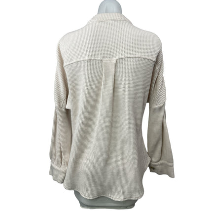 Women's White Waffle Knit Thermal Pocket Long Sleeve Button Down Shirt Top Sz M