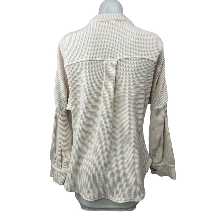 Women's White Waffle Knit Thermal Pocket Long Sleeve Button Down Shirt Top Sz M