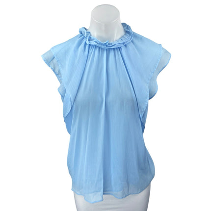 Zara Women's Blue Ruffle Sleeveless High Neck Sheer Blouse Tank Top Size M