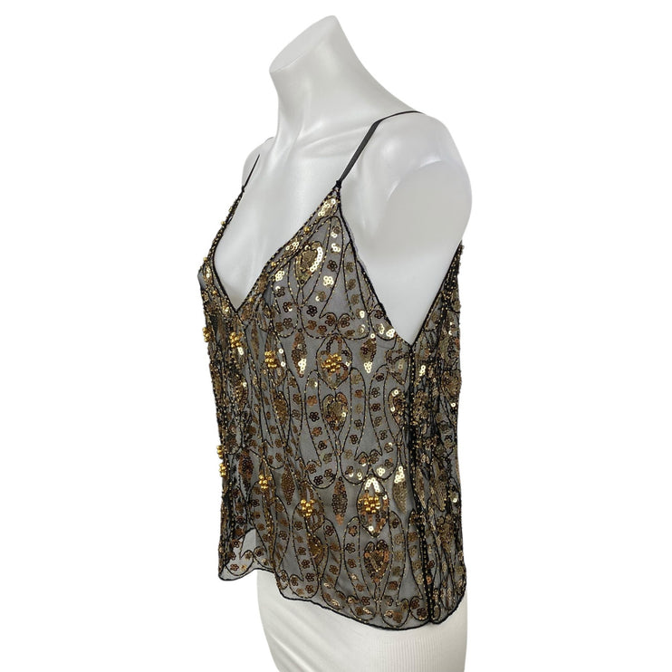 NEW Edyisa Cristina Embellished Women's Gold Sequin Sheer Mesh Cami Tank Top S/M