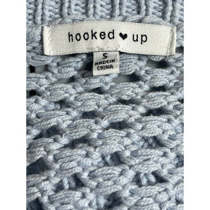 Hooked Up Women's Blue Gray Open Knit Crochet Long Sleeves Crop Sweater Top Sz S