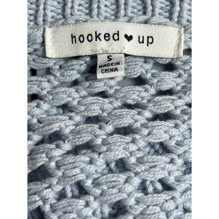 Hooked Up Women's Blue Gray Open Knit Crochet Long Sleeves Crop Sweater Top Sz S