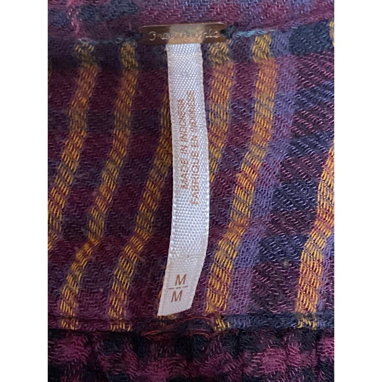 Free People Come On Over Plaid Loose Long Sleeve Button Up Tunic Shirt Top Sz M