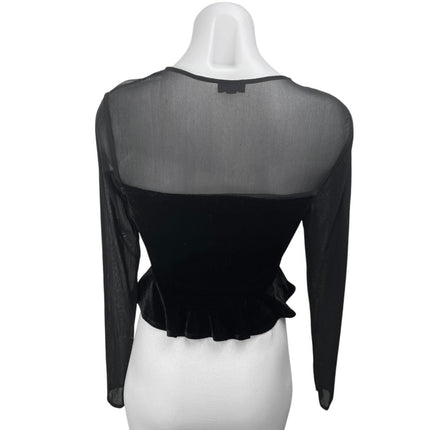 NBD Black Mesh Velour Velvet Long Sleeve Lace Up Crop Peplum Blouse Top Size S