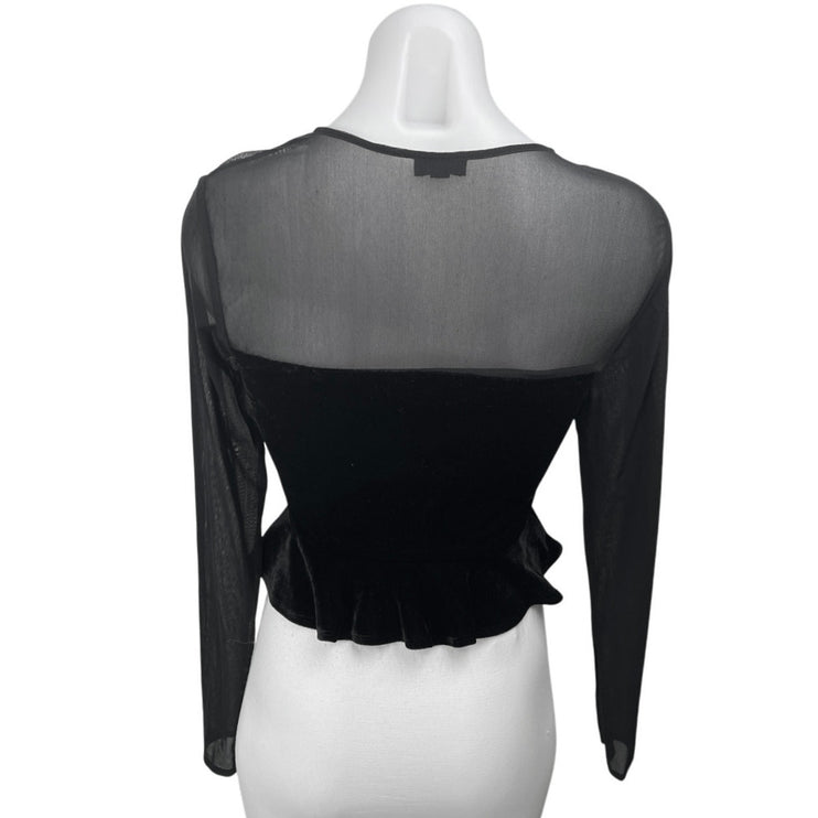 NBD Black Mesh Velour Velvet Long Sleeve Lace Up Crop Peplum Blouse Top Size S