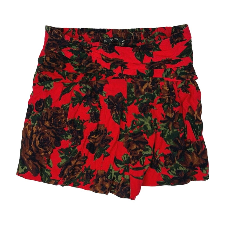 Zara Red Floral Print High Waist Pull On Stretch Elastic Waist Casual Shorts L