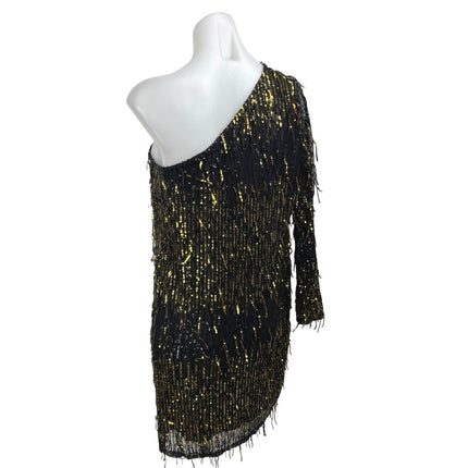 Fashion Nova Black Gold Sequin One Shoulder Long Sleeve Mini Shift Dress Size M