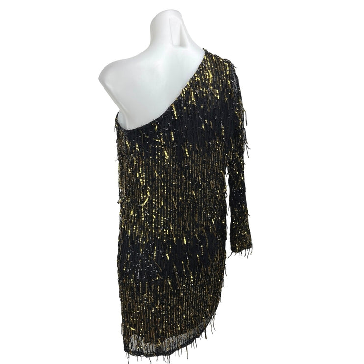 Fashion Nova Black Gold Sequin One Shoulder Long Sleeve Mini Shift Dress Size M