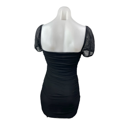 Princess Polly Black Short Puff Sleeve Mesh Square Neck Ruched Bodycon Dress S