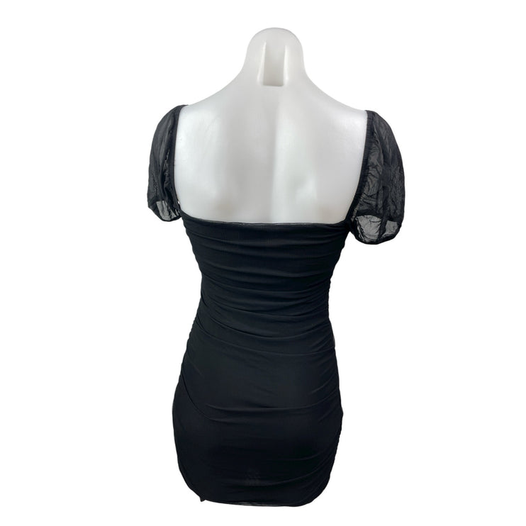 Princess Polly Black Short Puff Sleeve Mesh Square Neck Ruched Bodycon Dress S