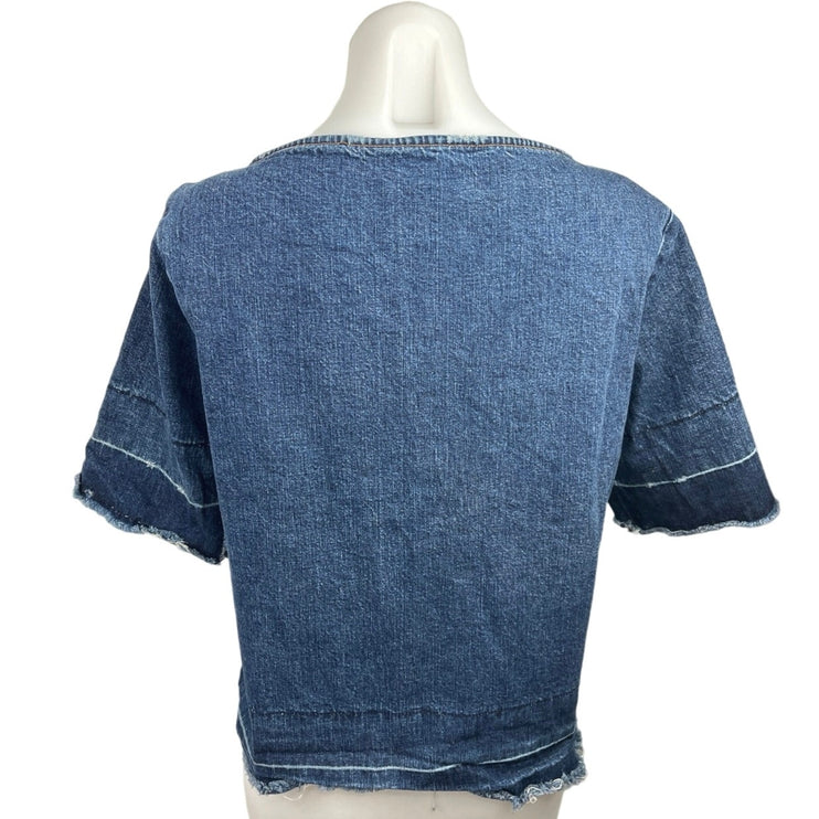 Rachel Comey Blue Chambray V-neck Distressed Short Sleeve Denim Blouse Top Sz 2