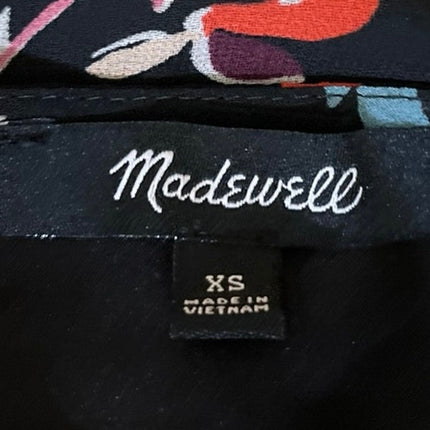 Madewell Drifting Flowers Black Floral Shirred Sleeve V-Neck Blouse Top Size XS
