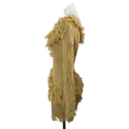 NEW Micas Tan One Shoulder Fringe Open Knit Ruffle Crochet Mini Bodycon Dress L