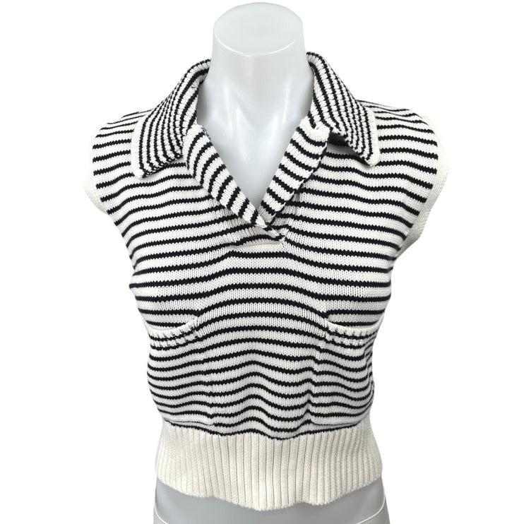 Zara White Black Striped Knitted Sleeveless Collar Crop Sweater Vest Tank Top M