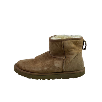 UGG Classic Ultra Mini Brown Suede Round Toe Faux Fur Pull Tab Ankle Boots Sz 11