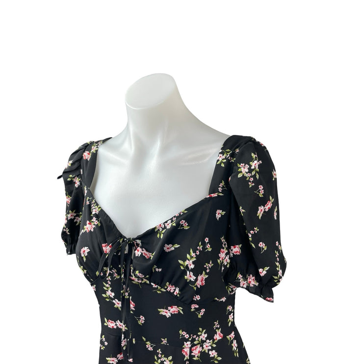 Hesperus Black Floral Ditsy Short Puff Sleeve Tie Smocked A Line Midi Dress Sz M