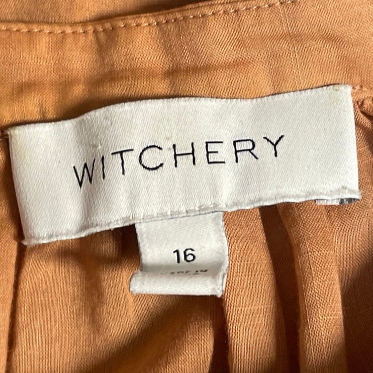 Witchery Brown Long Sleeve Pintucked Button Up Babydoll Blouse Top Size 16