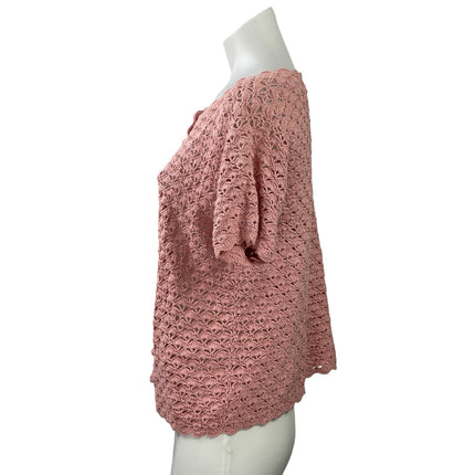 Jenny Womens Pink Eyelet Crochet Button Down Short Sleeve Cardigan Sweater Top S