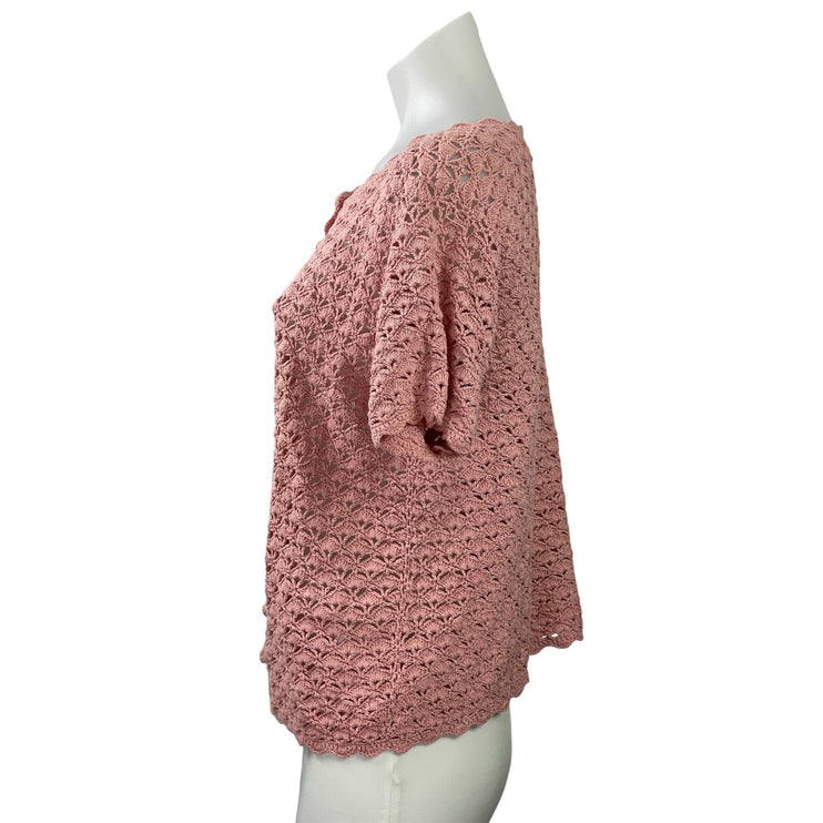 Jenny Womens Pink Eyelet Crochet Button Down Short Sleeve Cardigan Sweater Top S