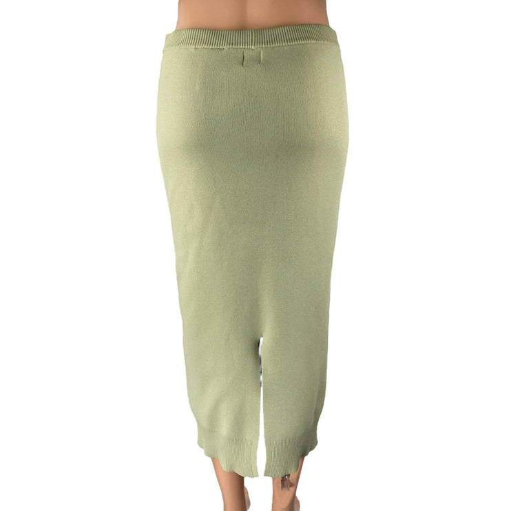 H&M Women's Green Ribbed Knit Slit High Waisted Sculpt Midi Pencil Skirt Size M