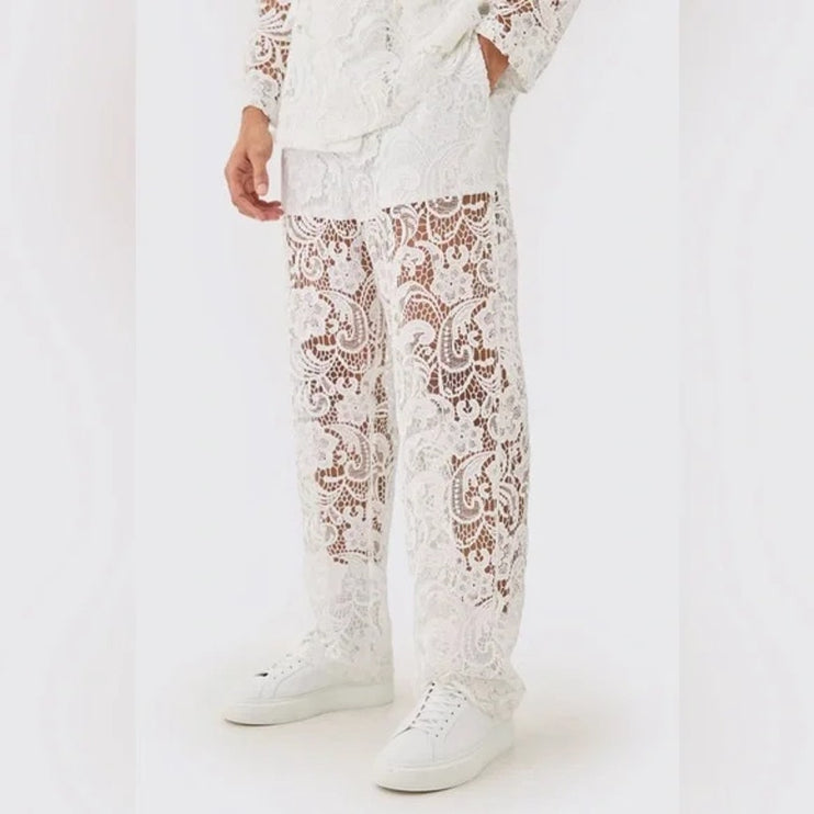 NEW Boohoo MAN White Floral Lace Relaxed Sheer Straight Trousers Suit Pants 36