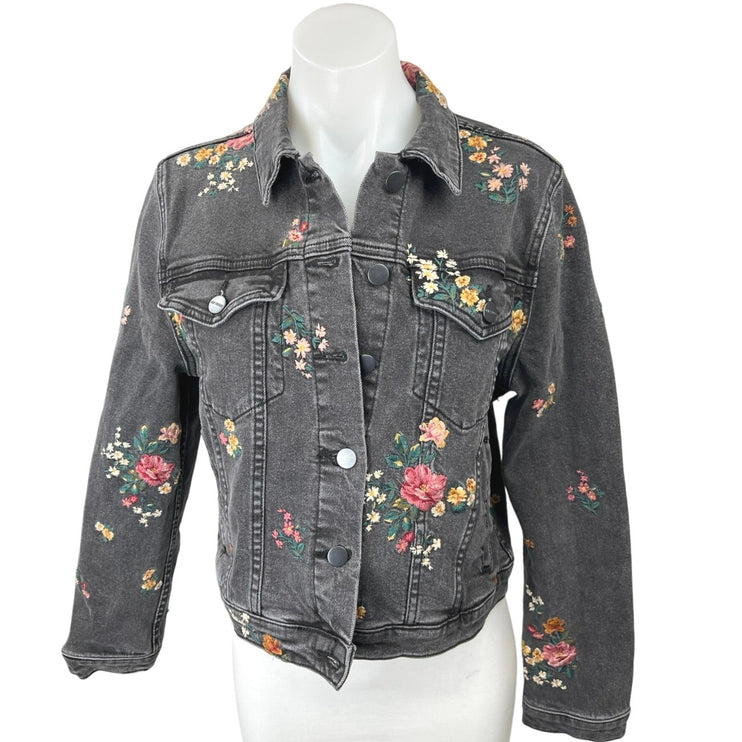 Driftwood Trucker Black Embroidered Floral Button Down Denim Jean Coat Jacket M