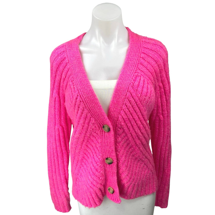 Aqua Pink Ribbed Knit Button Down Long Sleeve V Neck Cardigan Sweater Top Size M