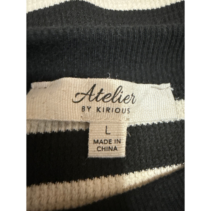 Atelier by Kirious Black White Striped Rib Knit Short Sleeve Crop Sweater Top L