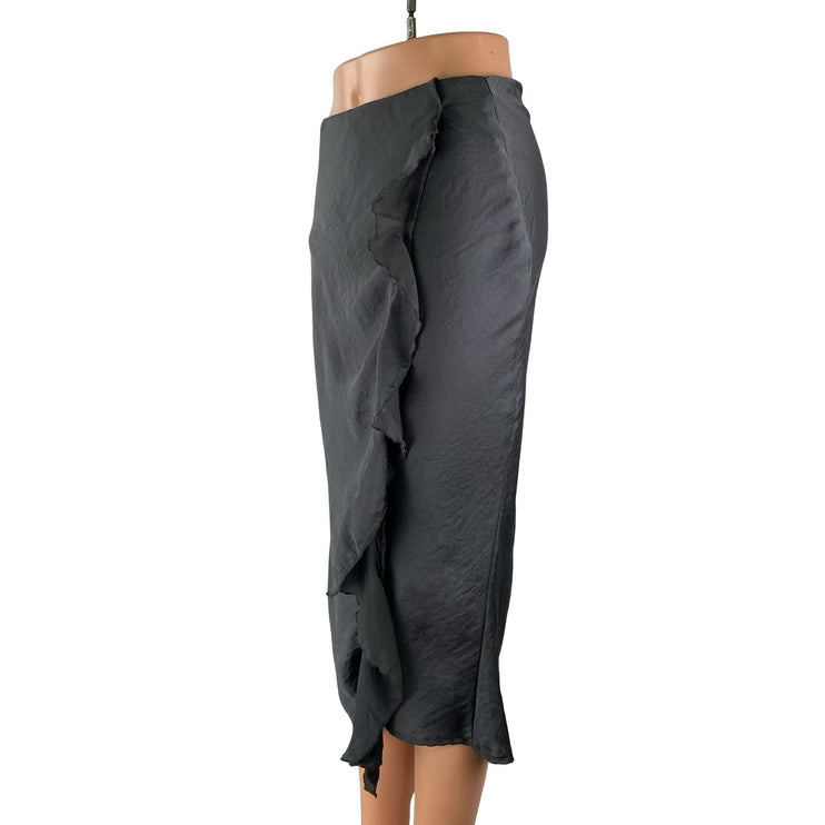 Forgotten Grace Gray Silk Satin High Waist Ruffle Pencil Flare Midi Skirt Sz XS