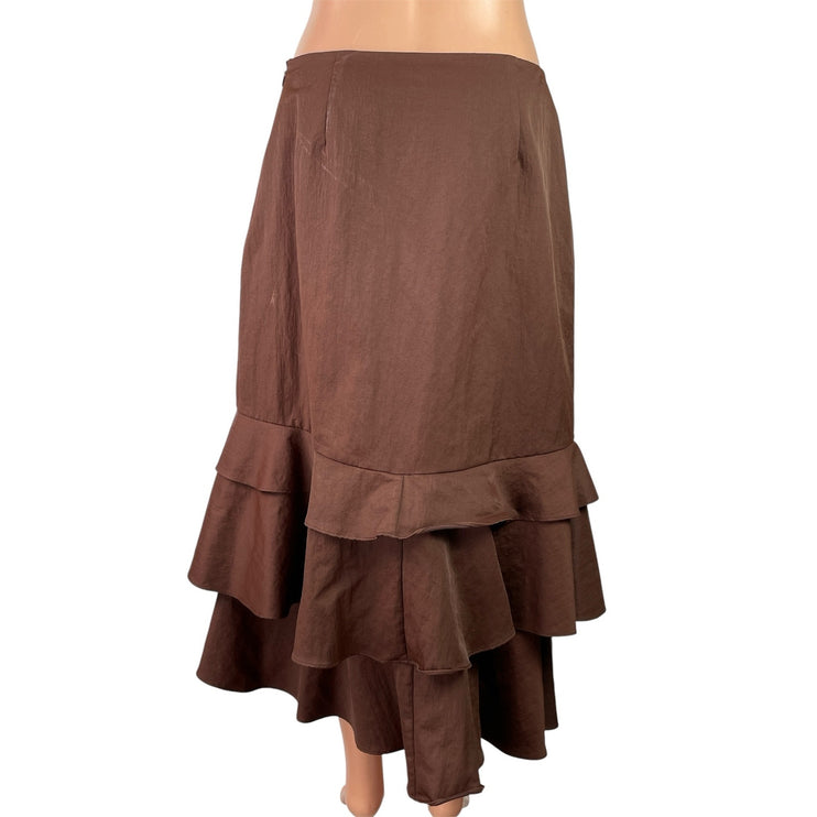 Samuel Dong Women's Brown Mid Waist Ruffle Asymmetric Tiered Midi Skirt Size M