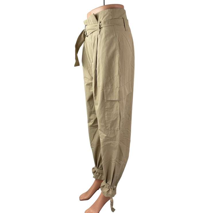 Zara Women's Beige High Rise Pleated Belted Baggy Tapered Trousers Cargo Pants S