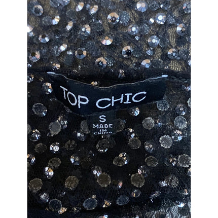 Top Chic Black Rhinestone Mesh Sheer Sparkly Long Sleeve Blouse Crop Top Size S