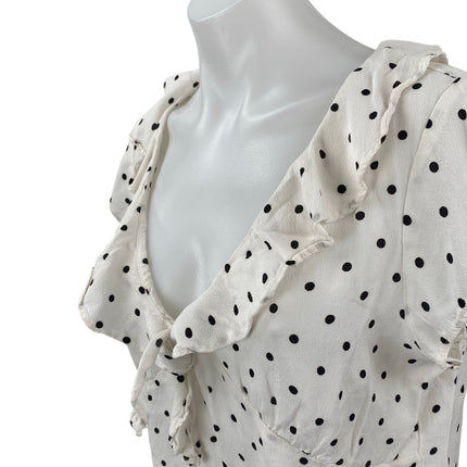 MNG Mango White Black Polka Dot Ruffle Short Sleeve Cropped Blouse Top Size 8