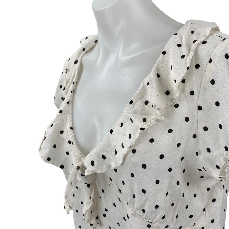 MNG Mango White Black Polka Dot Ruffle Short Sleeve Cropped Blouse Top Size 8