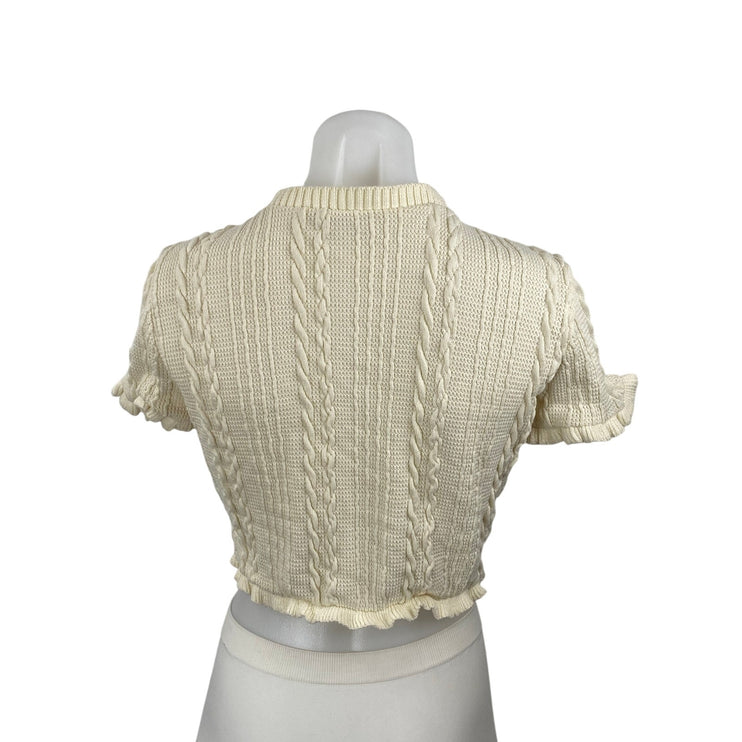 Zara Women's Cream Cable Knit Short Sleeve Button Down Sweater Crop Top Size M