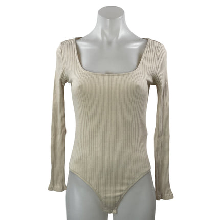 Zara Women's Beige Ribbed Knit Square Neck Long Sleeve T Shirt Bodysuit Top M