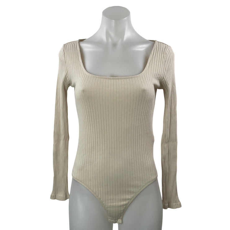 Zara Women's Beige Ribbed Knit Square Neck Long Sleeve T Shirt Bodysuit Top M