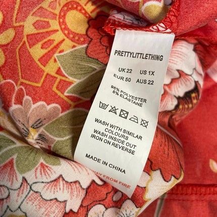 PrettyLittleThing Red Off Shoulder Floral Satin Long Sleeve Mini Kimono Dress 1X