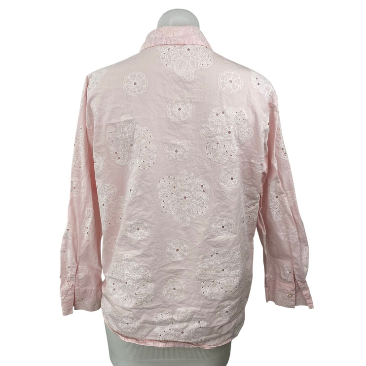Zara Embroidery Hollow Out Pink Floral Eyelet Long Sleeve Button Up Blouse Top M