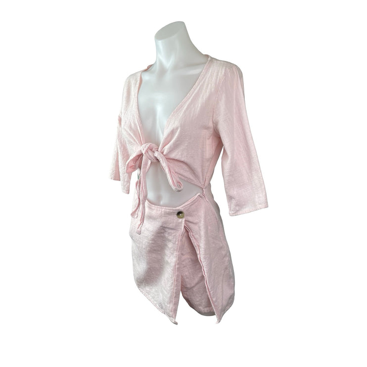 Urban Outfitters Linen Molly Surplice Front Slit Wrap Skort Jumpsuit Romper Sz 2
