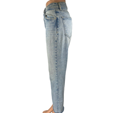 Zara Blue High Waisted Frayed Raw Hem Button Fly Straight Denim Jeans Pants Sz 6