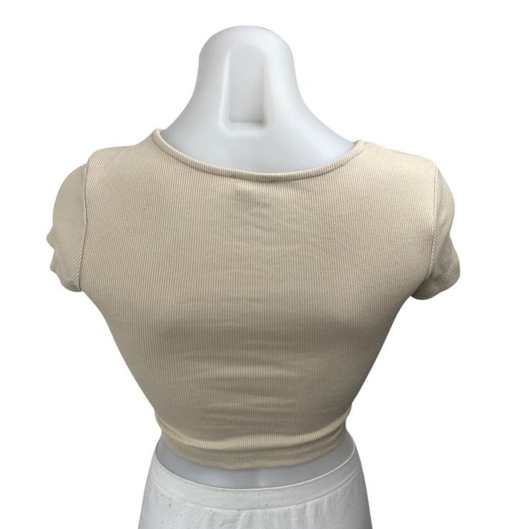 Princess Polly Cream Beige Short Sleeve Corset Bustier Tie Ruched Crop Top Sz 2
