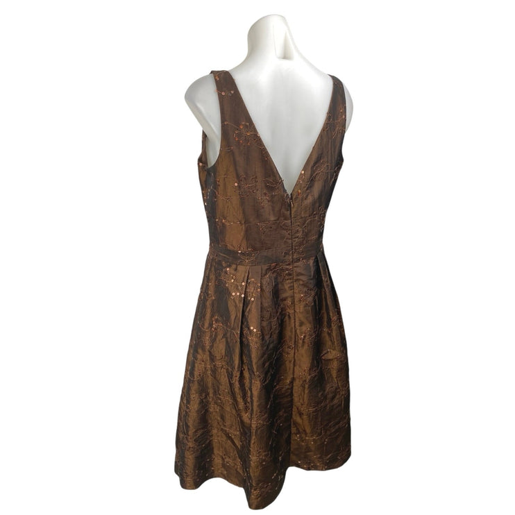 JS Collection Brown Satin Sequin Floral Embroidered Sleeveless Flare Dress 10