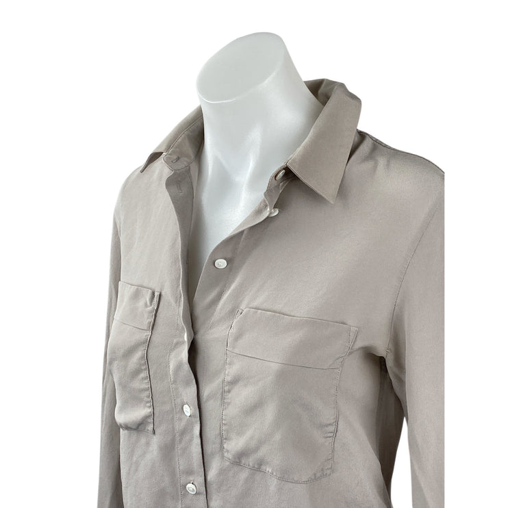 Club Monaco Women's Gray 100% Silk Long Sleeve Pocket Button Down Shirt Top S