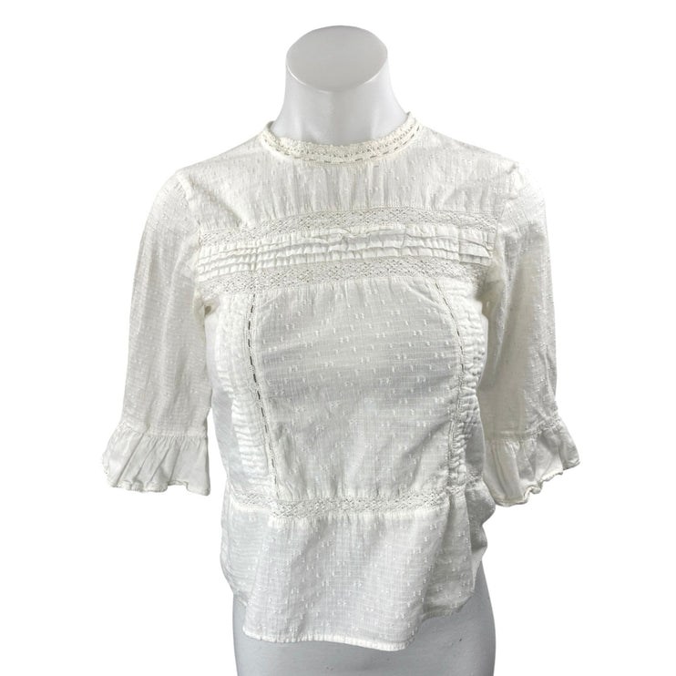 Zara Women's White Lace Embroidered High Neck 3/4 Flarted Sleeve Blouse Top XS