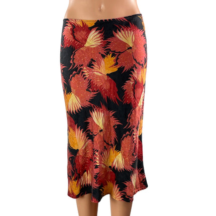 BCBGMaxAzria Black Floral 100% Silk Autumn Mid Waist Flare Pencil Midi Skirt  8