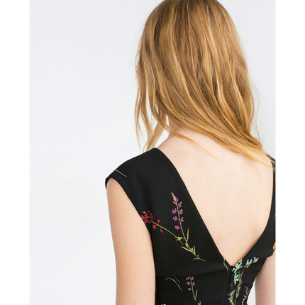 Zara Woman Black V Neck Cap Sleeve Floral Knee Length Sheath Dress Size XS