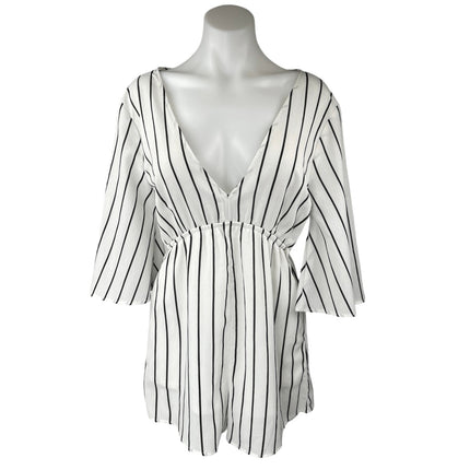 FAVLUX White Black Striped Half Bell Sleeve Deep V Neck Romper Shorts Size M