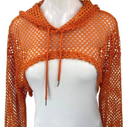 NEW Avidlove Women's Orange Mesh Fishnet Long Sleeve Hooded Hoodie Crop Top XL